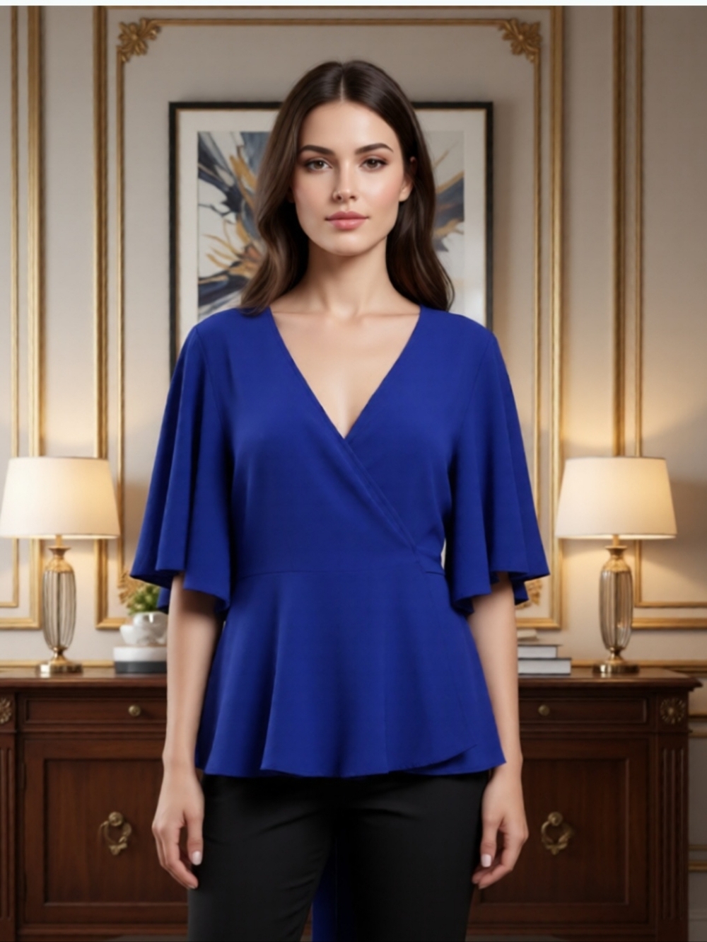 Blue V-Neck Peplum Top with Flutter Sleeves